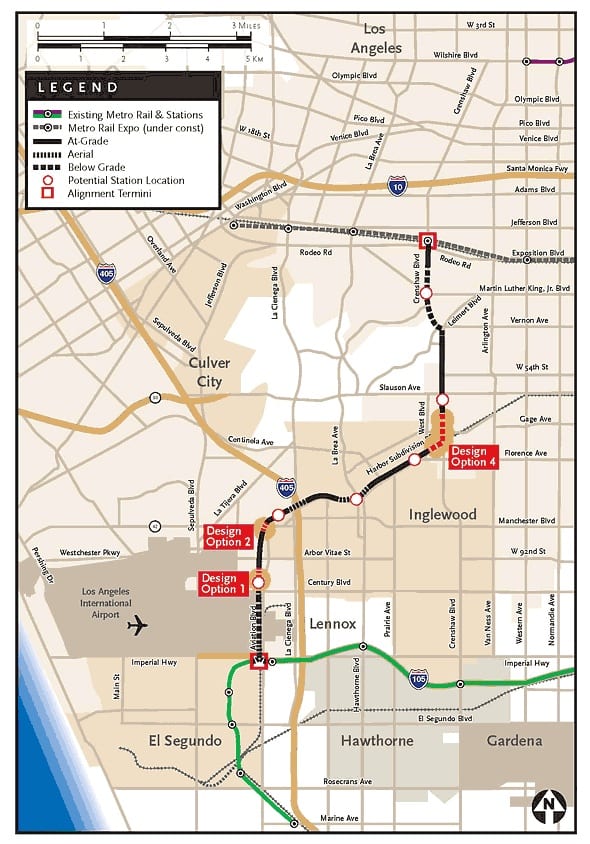 A Crenshaw light rail line would run between the future Expo Line and the Green Line
