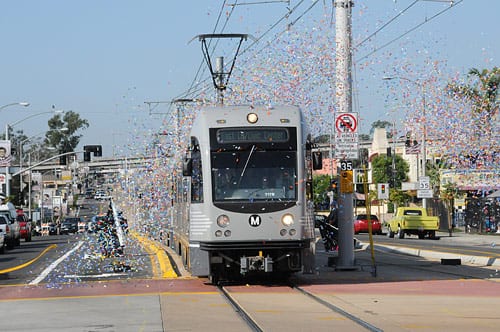 Upon arrival at the East L.A. Civic Center, the Gold Line was also showered in confetti