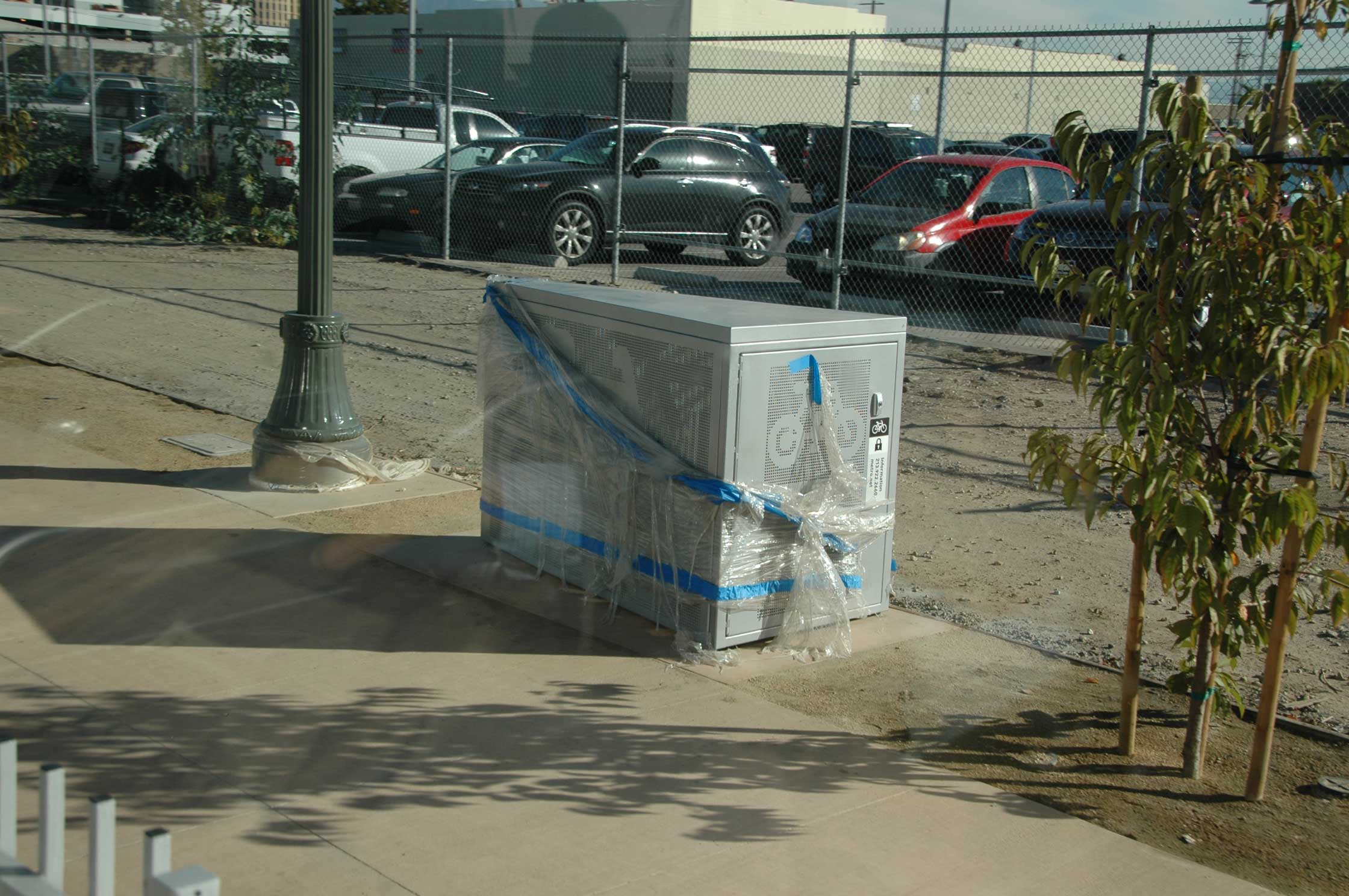 Bicycle Locker still under wraps at the Little Tokyo/Arts District Gold Line Station.