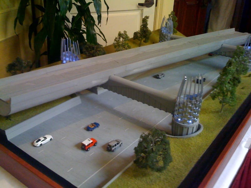 An architect's model of the bridge for the Foothill Bridge over the eastbound lanes of the 210 freeway