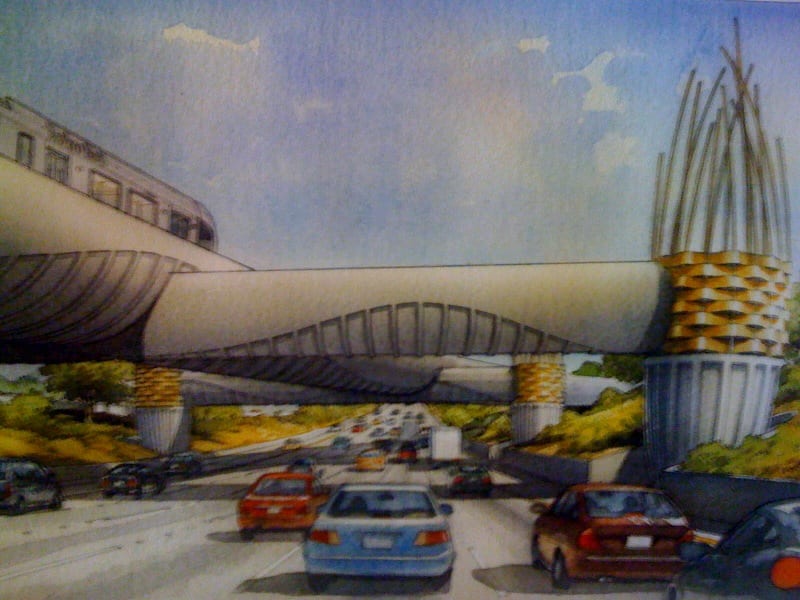 A rendering of the bridge that would take the Foothill Extension of the Gold Line from the middle of the 210 freeway to the south side and toward Arcadia