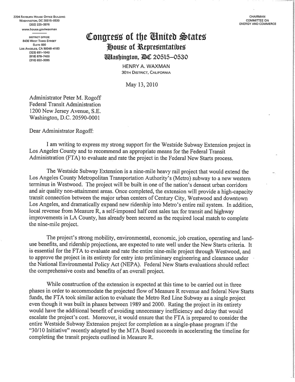 Waxman Letter to FTA Rogoff 05-13-10-1