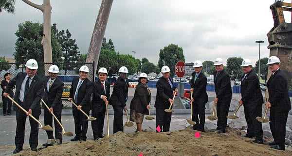 Los Angeles County Supervisor Don Knabe, and, to his left, Supervisors Gloria Molina and Mark Ridley-Thomas, join officials - including Metro CEO Art Leahy, State Assemblyman Mike Eng, Duarte City Councilman John Fasana, El Monte Mayor Andre Quintero, Arcadia City Councilman Roger Chandler, FTA Team Leader Ray Tellis and Caltrans District 7 Deputy Director Frank Quon - at groundbreaking for ExpressLanes project. (Photo by Luis Inzunza)