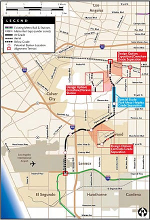 CrenshawLAXmap Metro plans to build a light rail line from the intersection of Exposition and Crenshaw boulevards to the Metro Green Line's Aviation/LAX station.