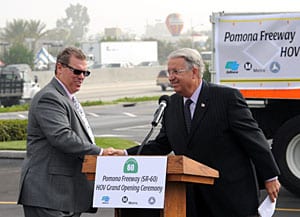 sr60HOV_9196 Caltrans District Director 7 Michael Miles and Los Angeles County Supervisor Don Knabe wrap the completion of the HOV Lane Project. Photo by Juan Ocampo.