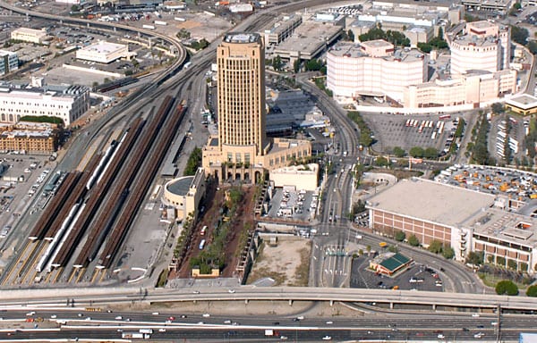 The station, essentially a horizontal pathway that extends 600 feet from the plaza along the 101 freeway and across the freeway entrance at Vignes Street, will be constructed at the south end of the Patsaouras Transit Plaza facing the I-101 freeway. Photo by Gary Leonard.
