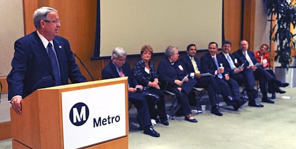 Los Angeles County Supervisor and Metro Chairman Don Knabe leads transportation panel at Cerritos Library. From left, Metro CEO Art Leahy, Lakewood City Councilwoman Diane Dubois, Santa Monica City Councilwoman Pam O'Connor, FTA / FHWA team leader Ray Tellis, and Metro staff members Raffi Hamparian, Michael Turner, Doug Failing and Renee Berlin. Photo by Juan Ocampo