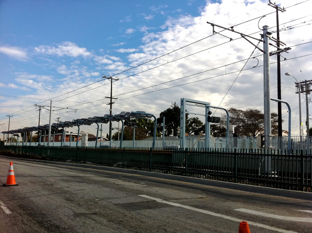 Catenary wire goes up over Crenshaw station. Catenary wire goes up over Crenshaw station.