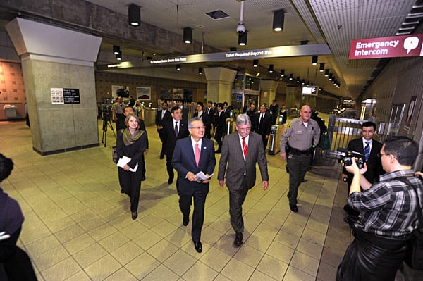 Metro CEO Art Leahy leads tour of rail operations at Union Station for Japan Transport Vice Minister Masafumi Shukuri and 17-member delegation on their way to the high-speed rail seminar at a downtown hotel. Also on board: Los Angeles County Supervisor Don Knabe and Ray Tellis, Team Leader, joint FTA and FHWA, Los Angeles Metropolitan Office. Photo by Juan Ocampo