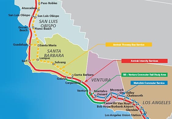 A number of rail services operate on the LOSSAN North corridor. Amtrak’s Pacific Surfliner (operated with state funding) is the primary intercity passenger rail service, and runs between San Luis Obispo, Santa Barbara, Ventura, and Los Angeles (with additional service to Orange County and San Diego). Amtrak’s Coast Starlight (service between Los Angeles, the Bay Area, and Portland/Seattle, in addition to stops within the LOSSAN North corridor) also operates on the corridor. Commuter rail service between Los Angeles and Ventura is provided by Metrolink. UP operates freight and goods movement service along the corridor. Map: Figure ES–1, LOSSAN North Study Area from LOSSAN North Corridor Strategic Plan.
