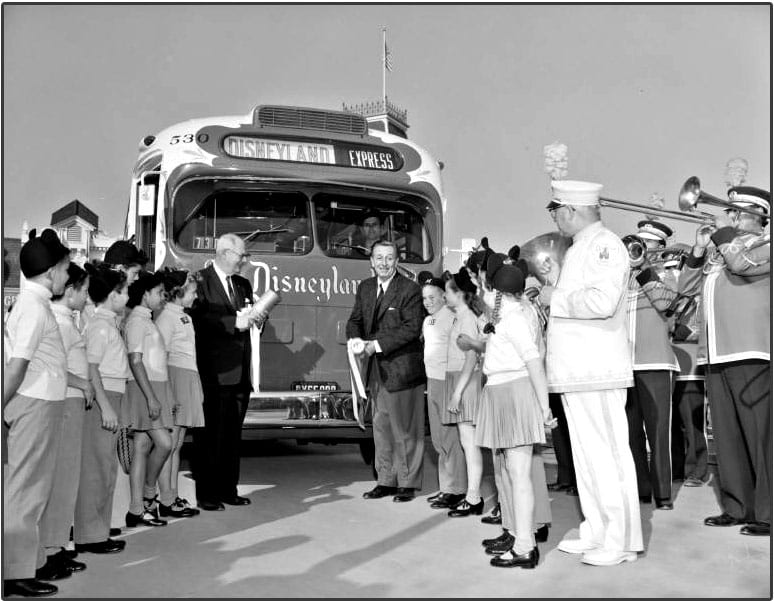 Found on the Metro Flickr photostream: The 50th anniversary of Disneyland in 2005 was also the 50th anniversary of Metro bus service to Disneyland. Metropolitan Coach Lines' “Snow White” bus went into service on Nov. 22, 1955. When the inaugural bus pulled onto Main Street in front of Disney's City Hall, it was greeted by Walt Disney himself, the Mouseketeers and a 16-piece band.