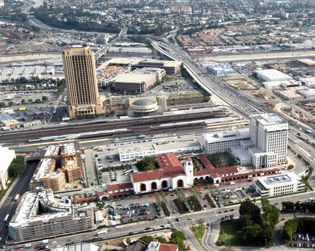 Metro headquarters sits directly east of the 38-acre site of Union Station in downtown Los Angeles. Aerial photo by Gary Leonard