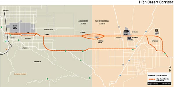 Illustration: High Desert Corridor alternatives represented by orange dotted lines. (metro.net/hdc)
