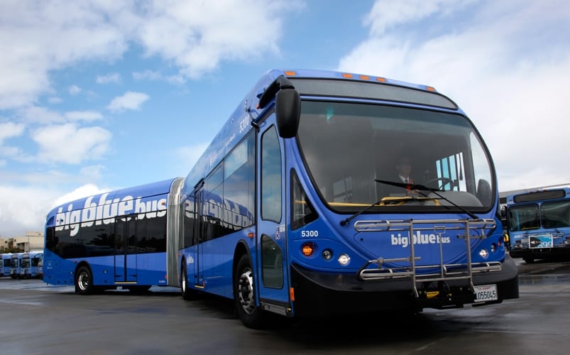Big Blue Bus 60 foot articulated Big Blue Bus will roll out 16 new 60-foot buses on its Rapid 7 line. Photo: Dennis Finn / Filmeye.com