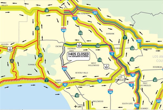 UPDATE 6.2.11 - Click on detail above for a set of maps that illustrate detours for planned closure of a portion of the I-405 July 16-17.