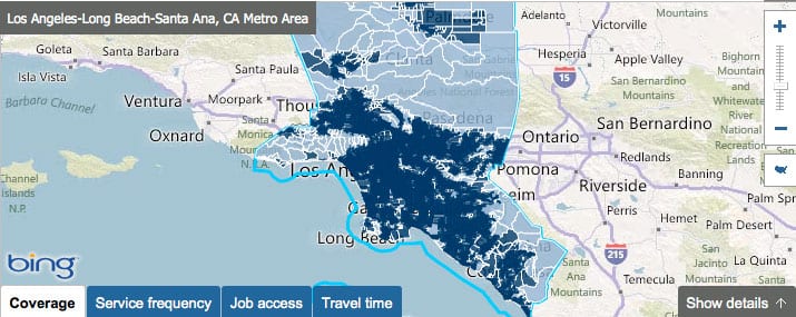 L.A.'s transit coverage. All that dark blue? Transit access.
