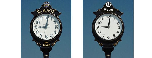 One side of the clock face, as customers enter Metro and the bus terminal, is modern and says “Metro.” The opposite clock face, as customers leave the station and enter the community says “El Monte” and incorporates the city seal.