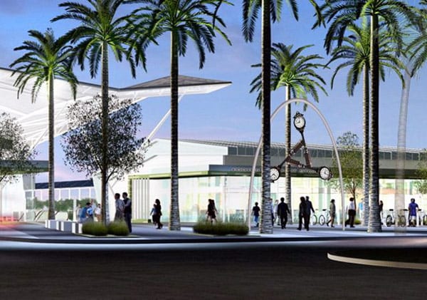 Lipski's 30' high clock tower will be installed in the entry plaza of the El Monte Transit Center. Rendering by RNL Architects. 