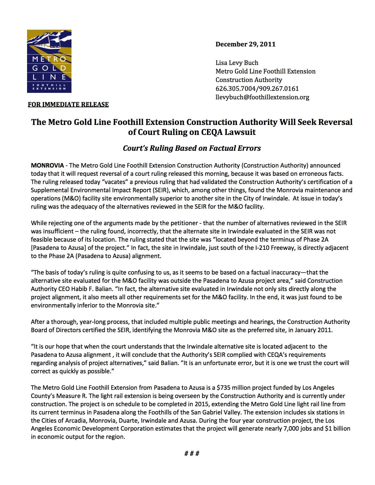 2011-12-29 Construction Authority Responds to CEQA Ruling