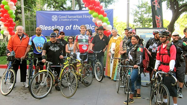 The annual Blessing of the Bicycles at Good Samaritan Hospital in Los Angeles, now in its ninth year, is a popular event during Bike Week L.A. Group photo includes Good Samaritan Hospital CEO Andy Leeka, center, in bicycle shirt, and L.A. City Councilman Tom LaBonge, far left. Photos: Dave Sotero