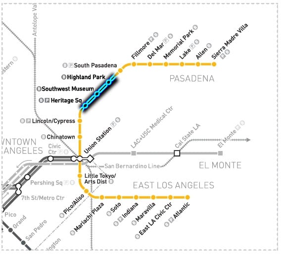 Metro Gold Line map Buses, not trains, will serve Highland Park, Southwest Museum and Heritage Square stations of the Metro Gold Line this weekend. Just to be sure, plan 20 to 40 minutes extra to get where you're going.