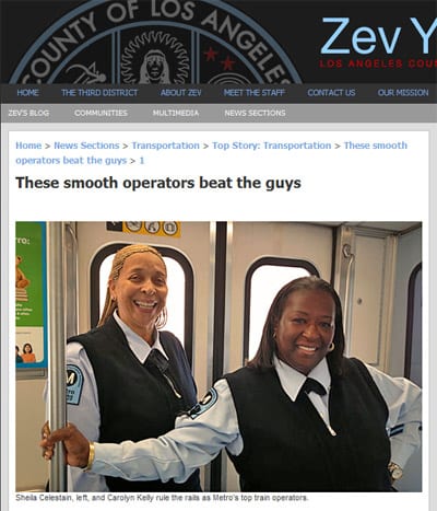 Supervisor Yaroslavsky's website features Metro's first all-female team of operators to compete in the APTA International Rail Rodeo. Image is a screen shot from Supervisor Zev Yaroslavsky's website: zev.lacounty.gov