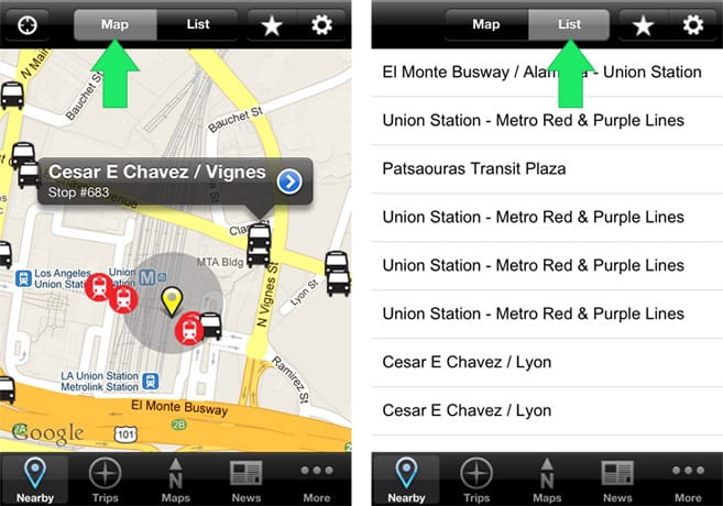 Nearby: view stations/stop via map or text list