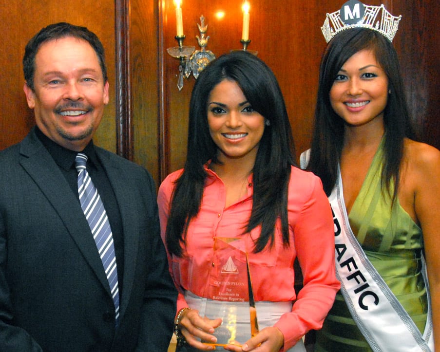 KABC reporter Kalyna Astrinos with Metro's Martin Buford and Miss Traffic Sofia Mach.