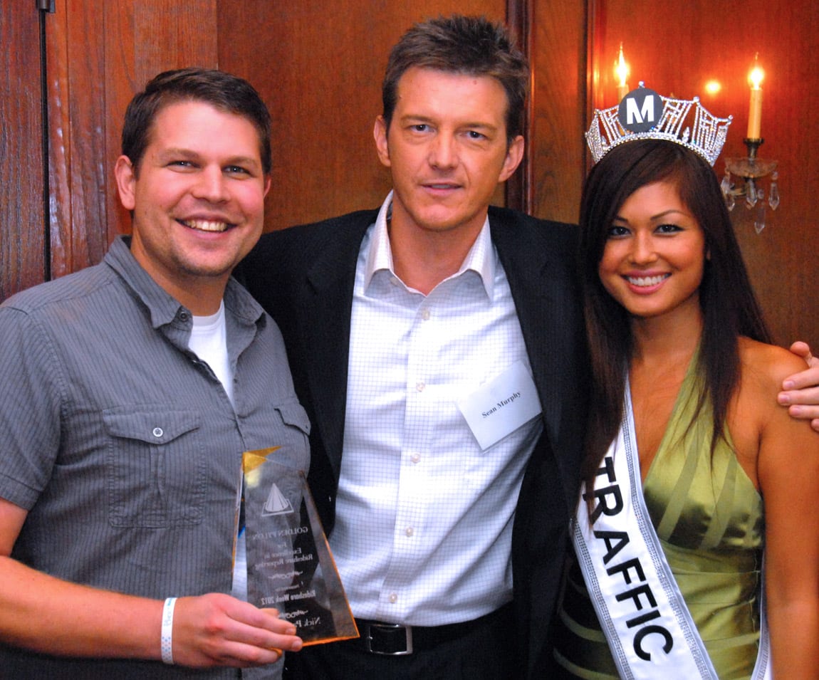 2011 winner Sean Murphy, center, NBC-4's prime time traffic reporter with Miss Traffic and 2012 winner Nick Pagliochini.