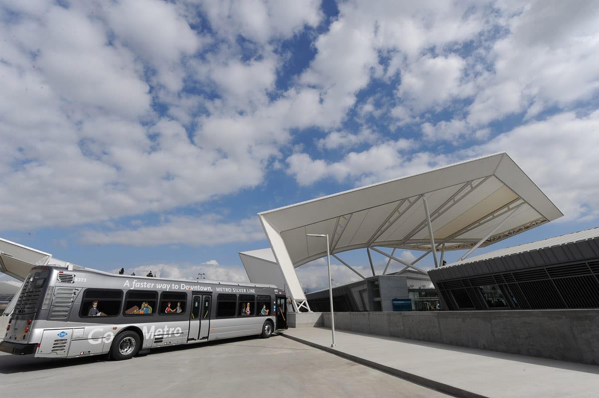 Ready to roll: Silver Line bus pulls into the El Monte Bus Station. Photo by Gary Leonard.