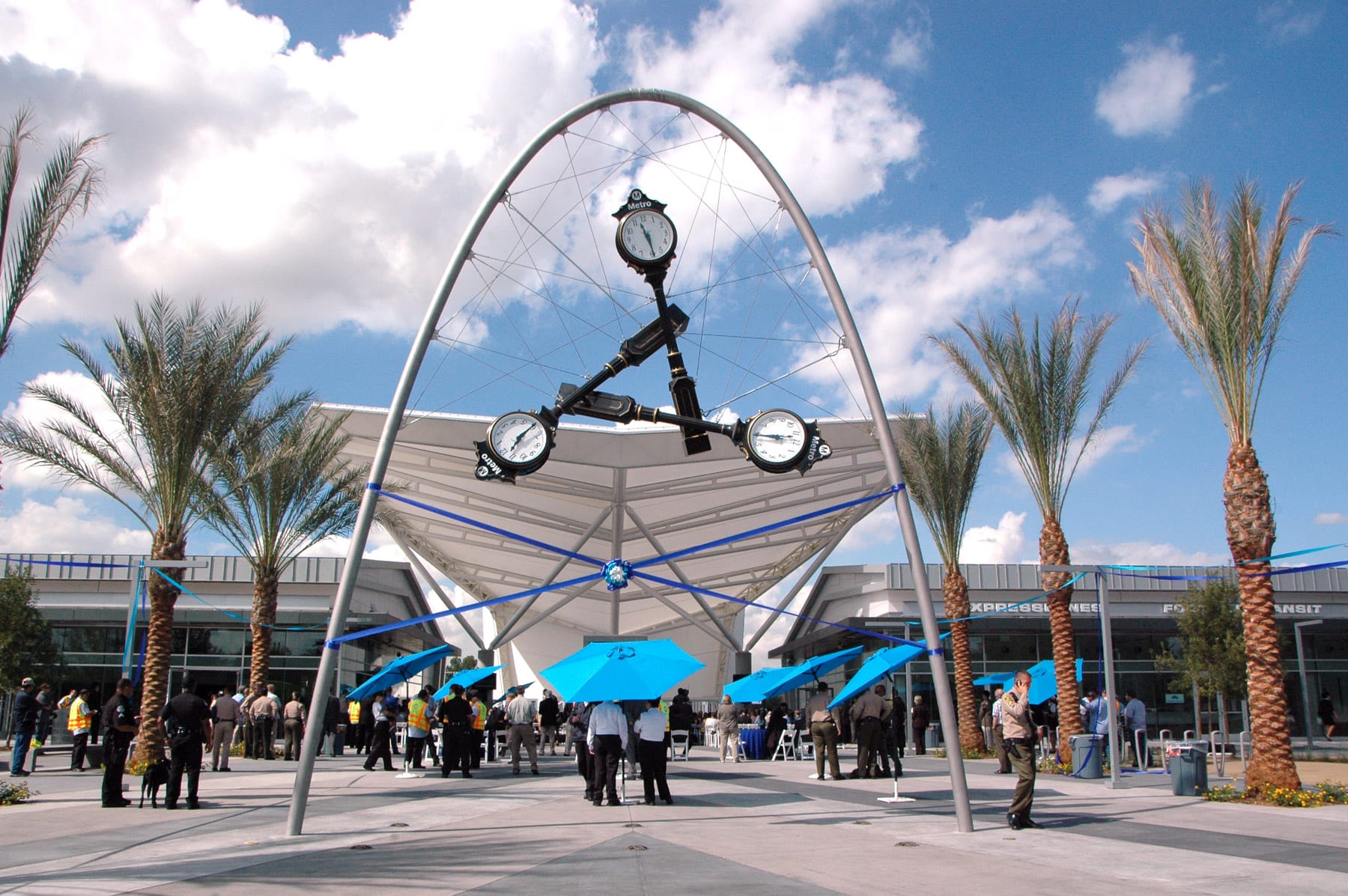 Time Piece: Iconic sculpture by Donald Lipski frames the entrance to the new El Monte Station, which opens to the public this Sunday. Photo by Luis Inzunza.