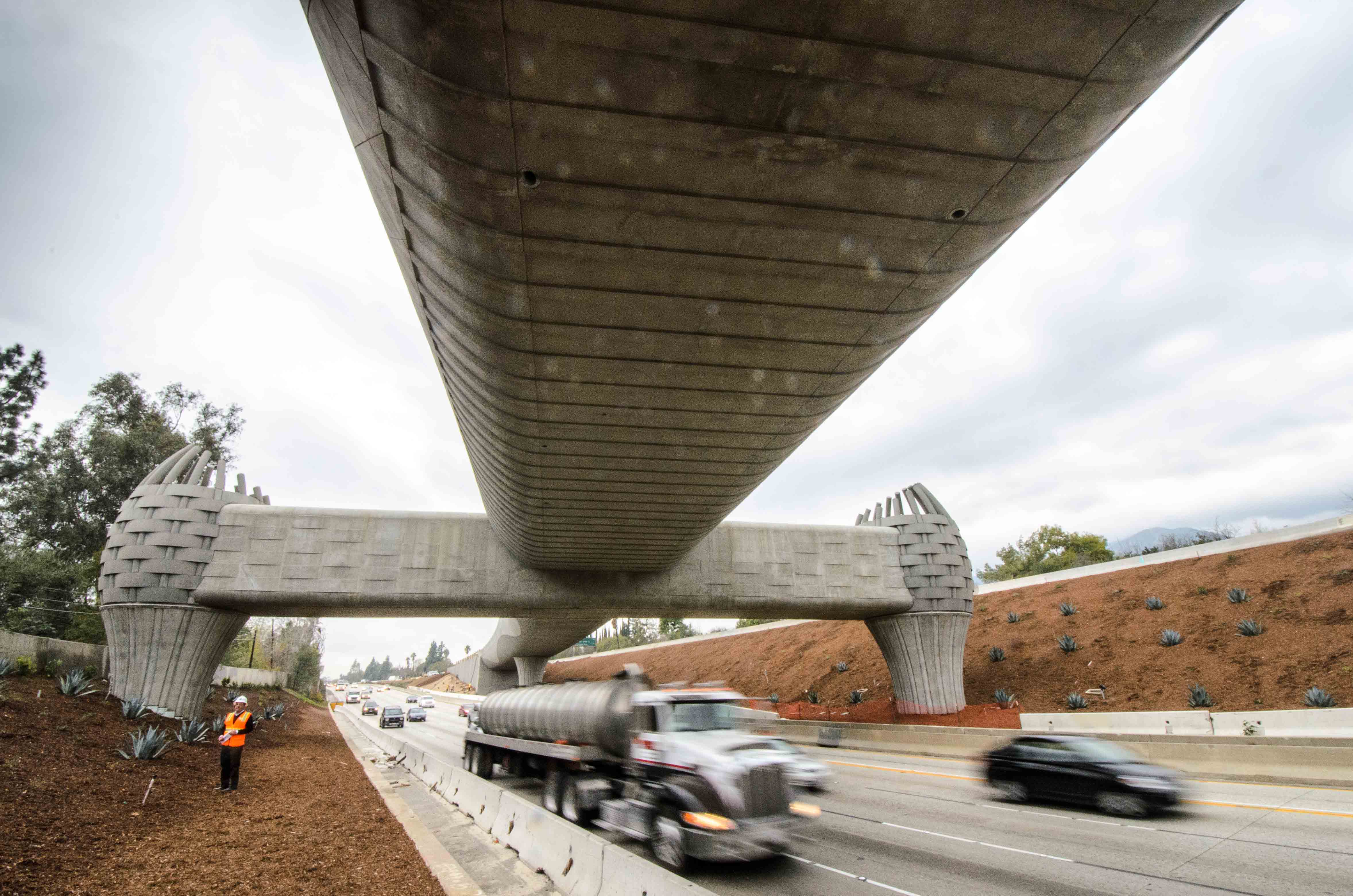 A view of the bridge looking west, where the Foothill Extension tracks will run in the freeway median. Photo by Steve Hymon/Metro.