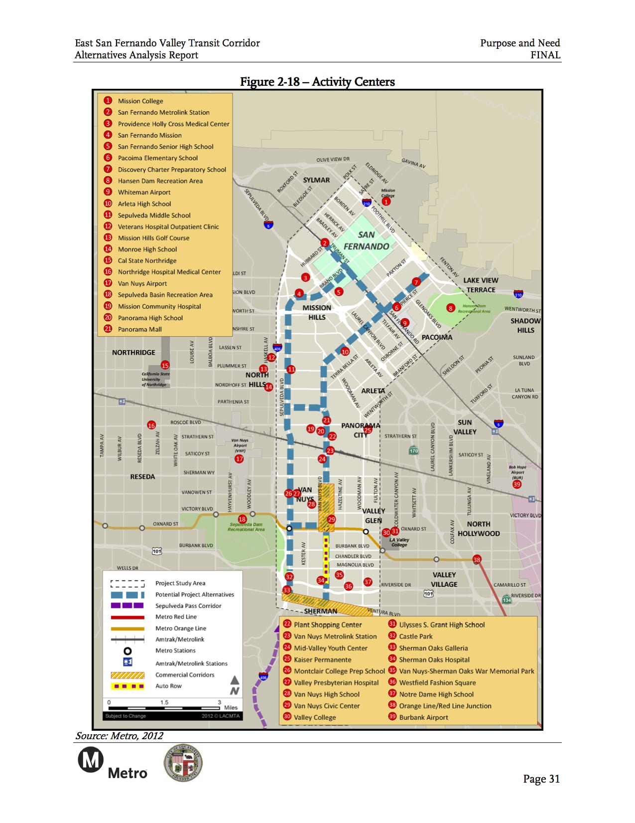 Major activity centers in the study area for the East San Fernando Valley Transit Corridor. Click above to see larger.