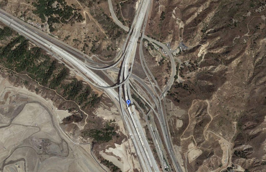 The blue pin shows the new connector that allows motorists to travel between the HOV lanes on the 5 and 14 freeways. Photo: Google Maps. 