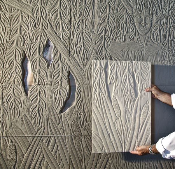 Saar’s work in progress at the fabricator’s studio. A full-scale rendition of the sculptural windscreen had been carved in foam. From this carving, a mold was made—shown above. The final artwork is cast in stainless steel and measures 10ft. h x 10ft. w. 