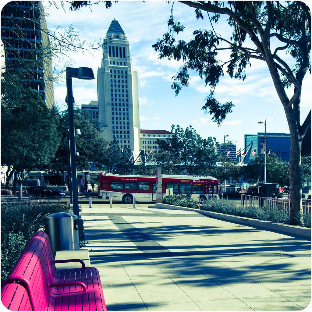 ART OF TRANSIT: A Metro Rapid bus on Broadway passes by Grand Park and Los Angeles City Hall. Photo by Steve Hymon/Metro.
