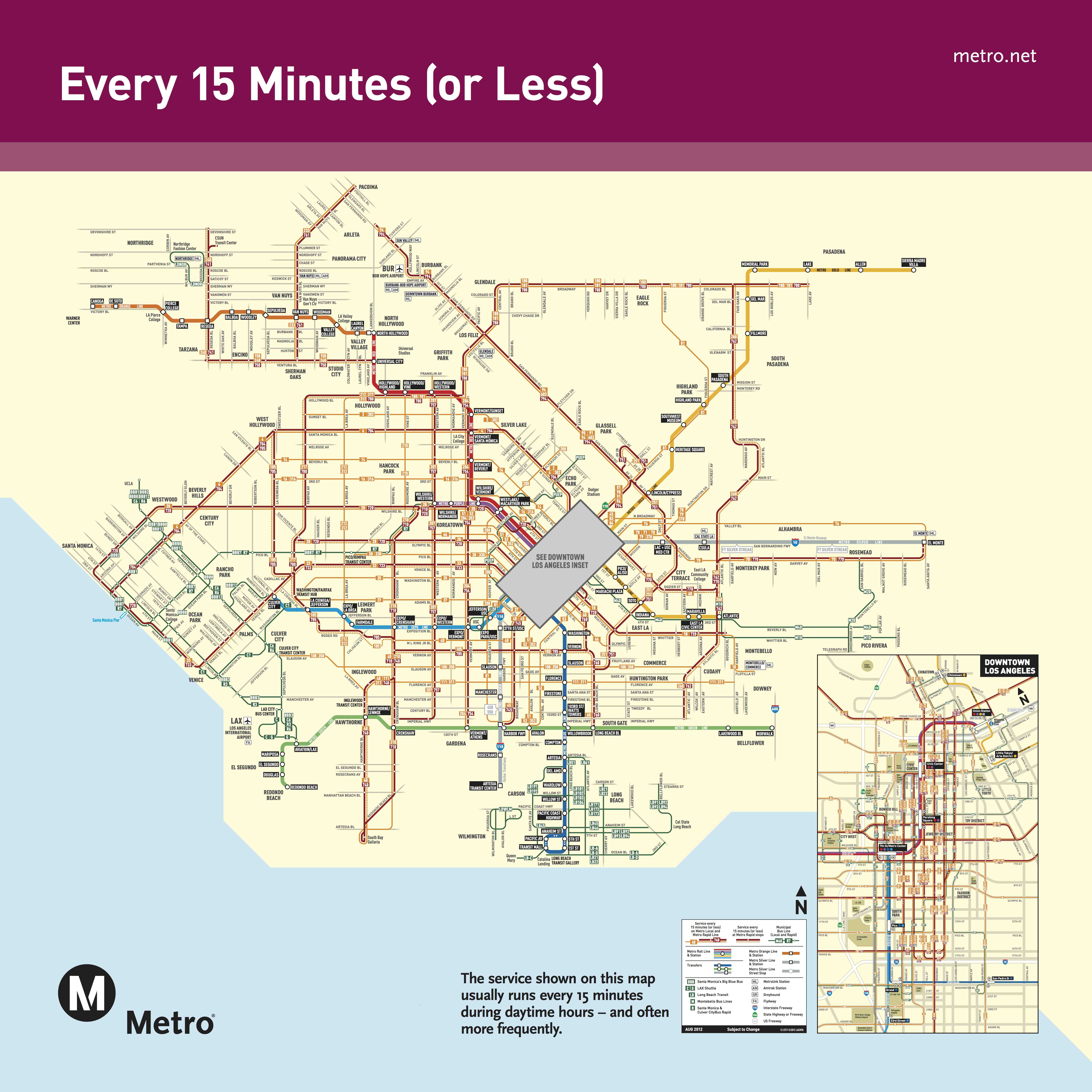 This map shows Metro bus and rail service that runs every 15 minutes or less during the day. Click above to see larger.