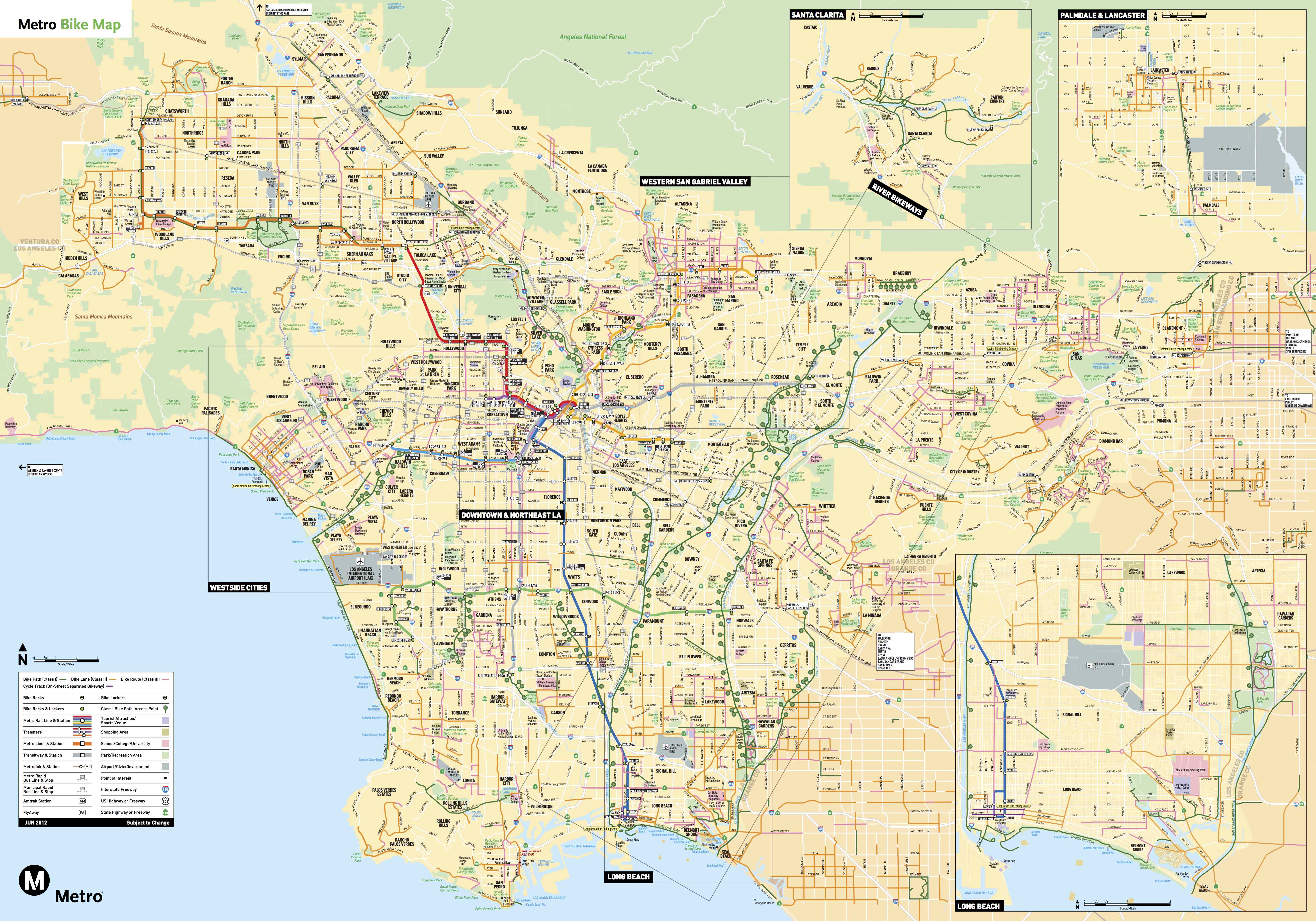 Click above to link to Metro's bike map for L.A. County. Green lines are bike lanes completely separated from roads, yellow lines show roads with bike lanes and pink are roads designated as bike routes -- i.e. places where cyclists must share the road with vehicles. 