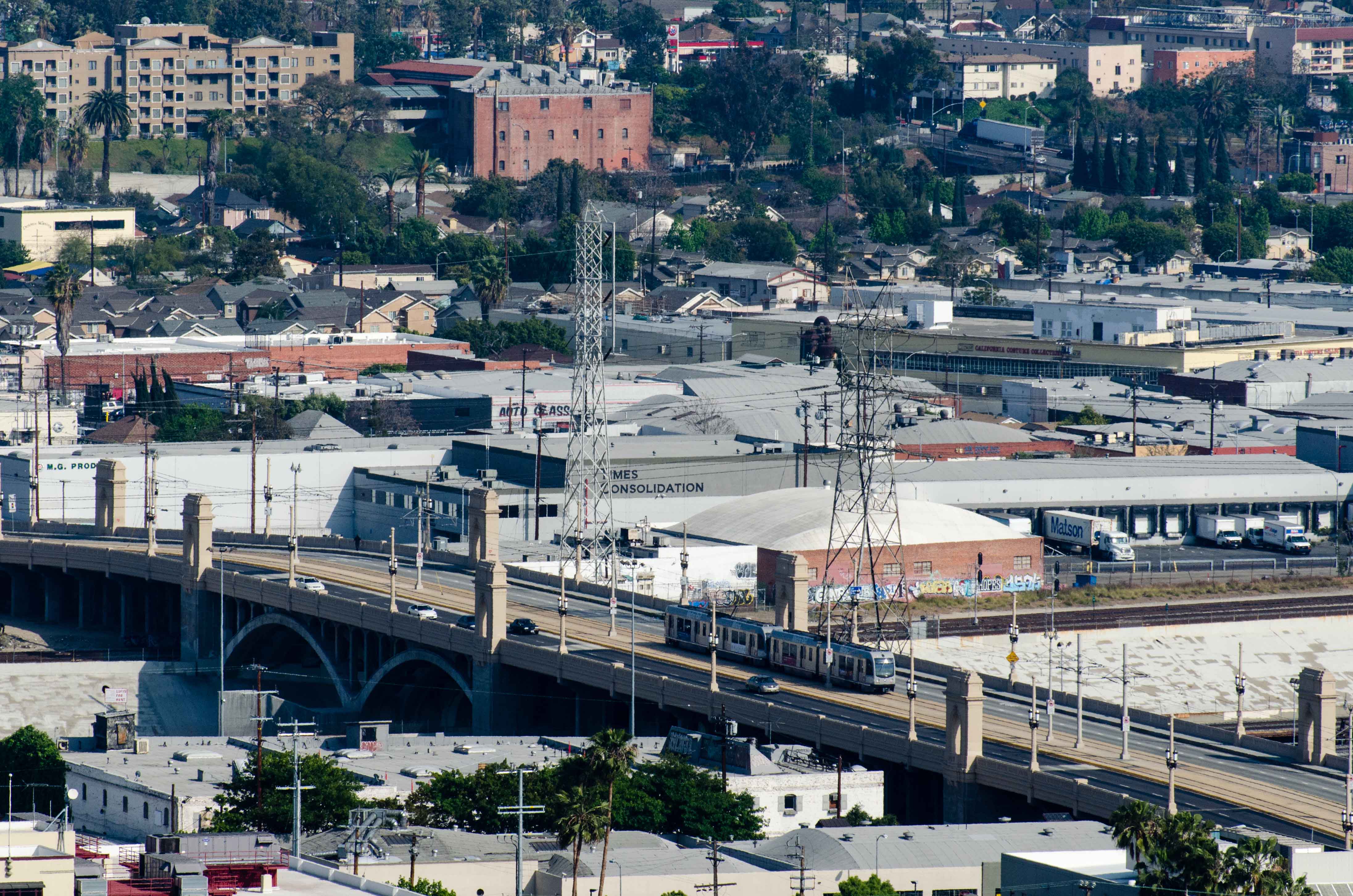 ART OF TRANSIT: The Gold Line crosses the 1st Street Bridge; click to see larger. Photo by Steve Hymon/Metro.