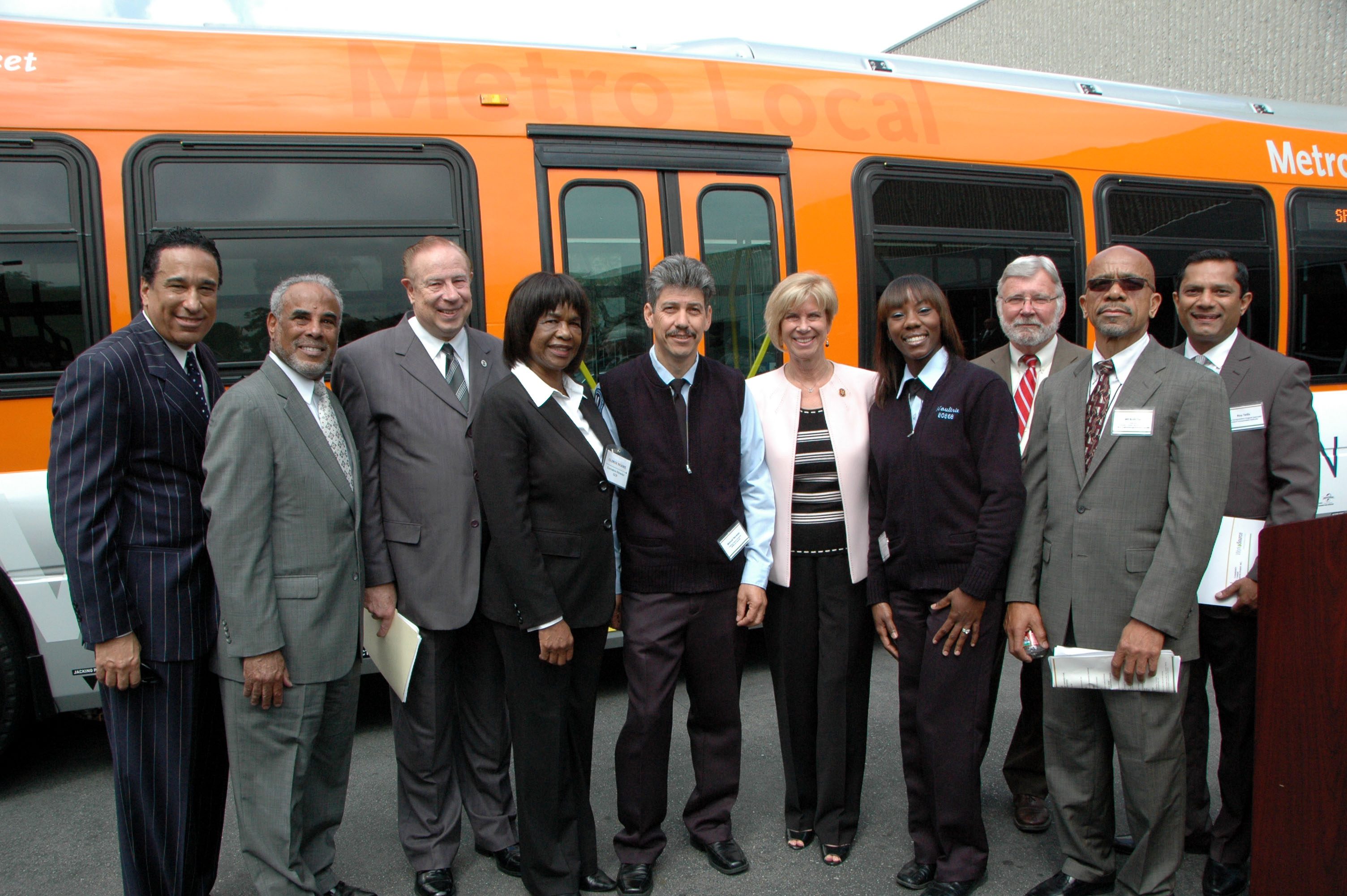 Rep. Janice Hahn (center) and local officials, Metro bus operators and Metro CEO Art Leahy at this morning's event. Photo by Luiz Inzunza/Metro.