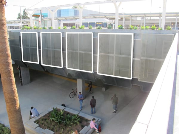 View of artwork location at transit bay concourse wall. Each panel measures approximately 8’ x 8’ (there are four identical bays with four identically sized panels).