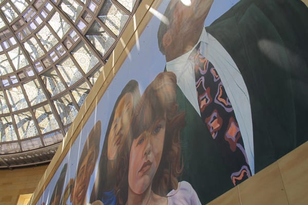 Detail of City of Dreams/River of History before maintenance work. The 80 foot long mural by Richard Wyatt is located in Union Station’s East Portal.