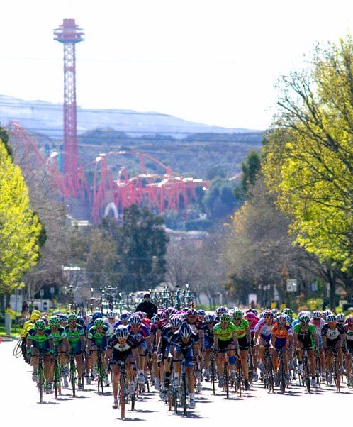 Cyclists with Magic Mountain in the background. Photo from Santa Clarita Tour of CA 2013 Official Facebook