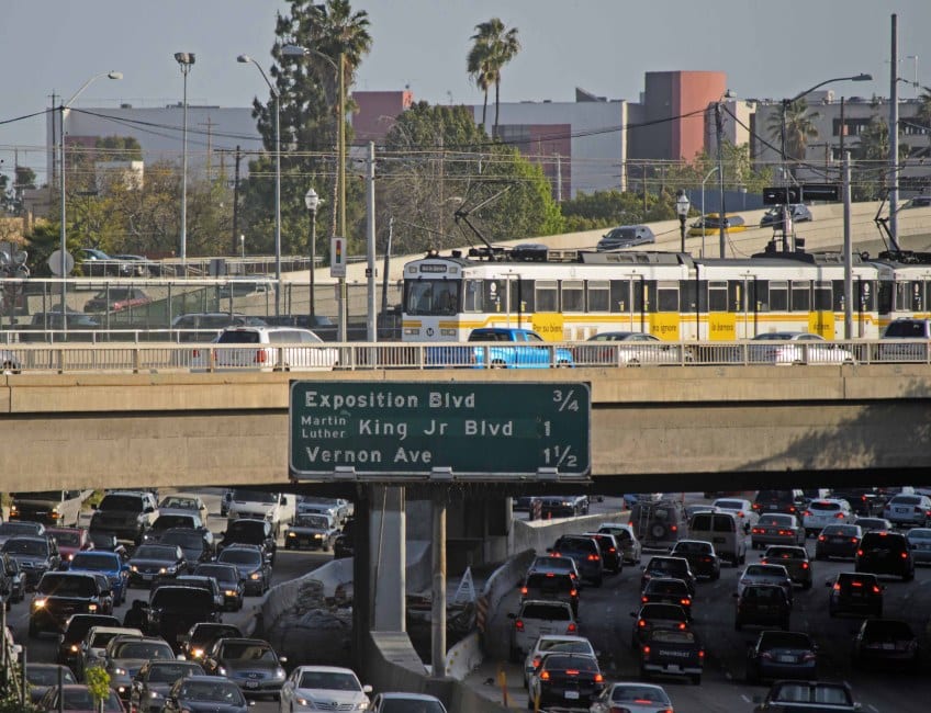 Getting people out of their cars onto trains is crucial to improve efficiency of transit. Photo of Expo Line by Steve Hymon/Metro.