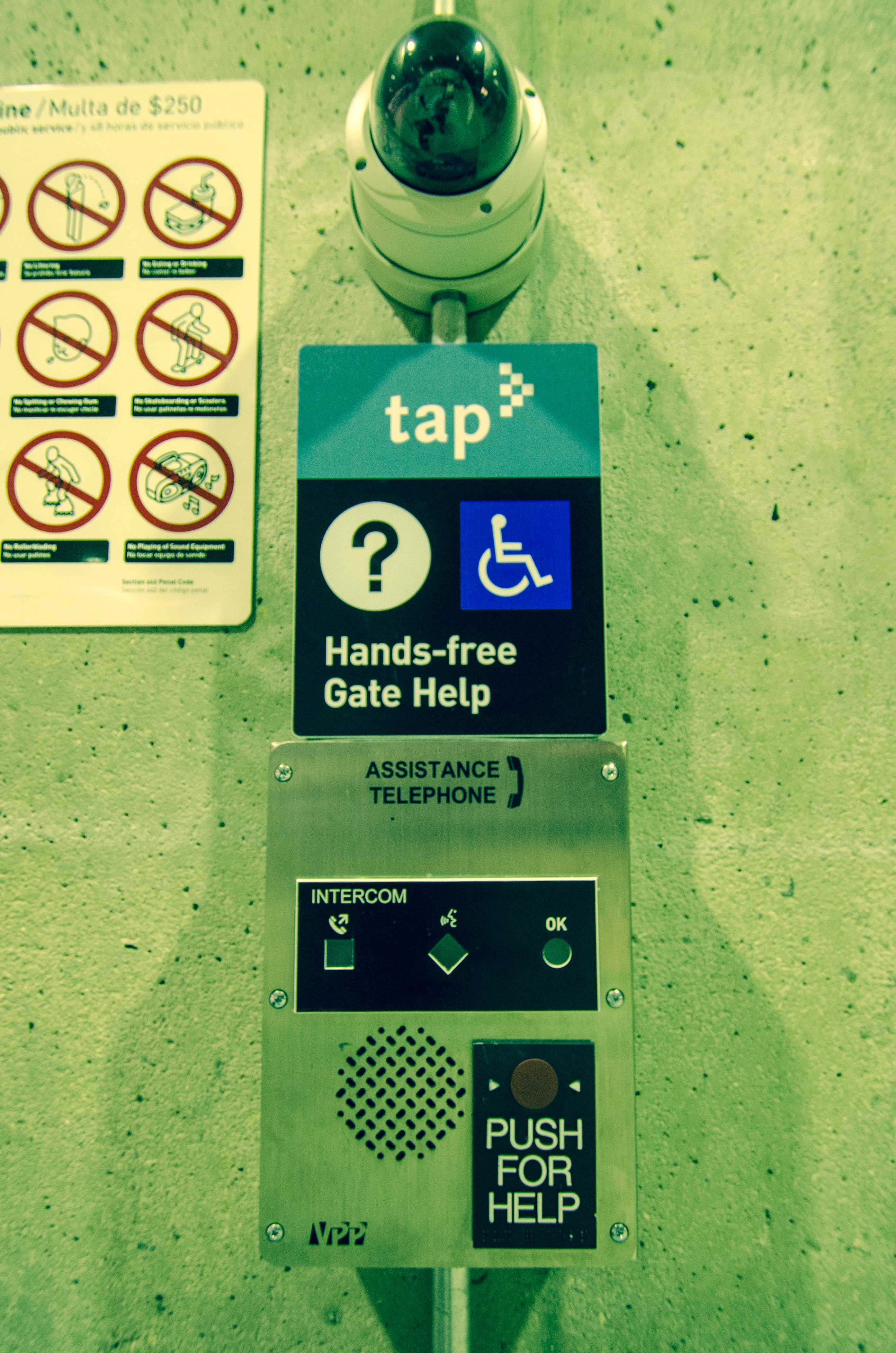 The Gate Help Phone at Union Station's subway station. The phone is located on a concrete column just a few feet before the entrance to the gates. Photo by Steve Hymon/Metro. 