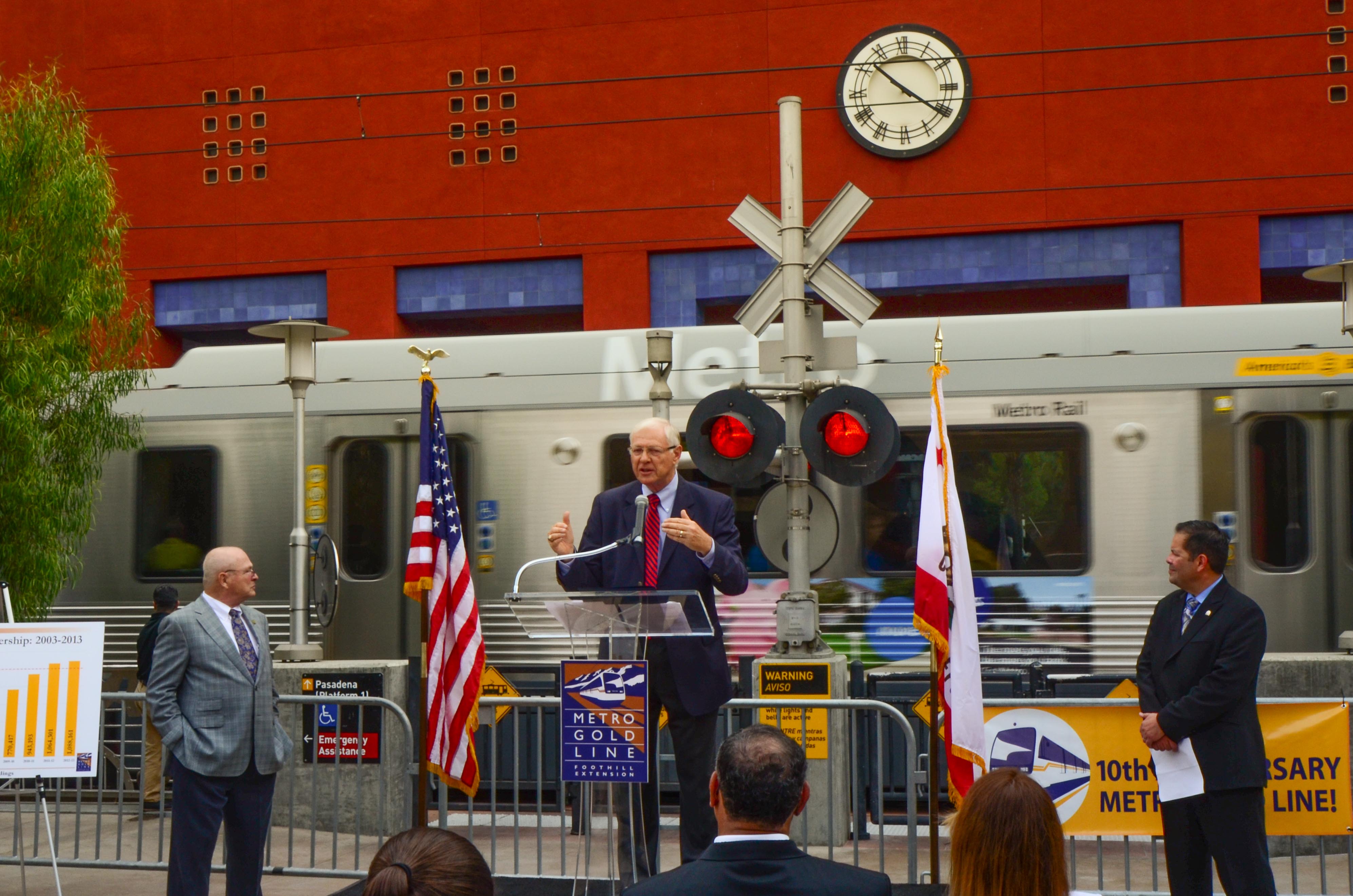 Supervisor and Metro Board Member Michael D. Antonovich speaks at the event Friday morning. Photo by Steve Hymon/Metro.