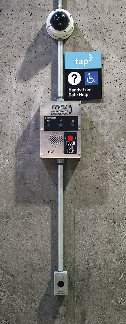Hands-free intercom for wheelchair patrons.