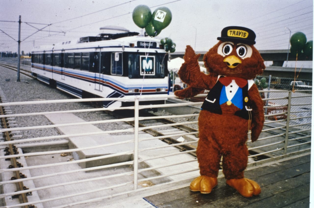 ART OF TRANSIT: Happy 18th birthday to the Green Line, which opened Aug. 11, 1995. That's Travis the Safety Owl, who apparently has since retired. Photo: Metro Transportation Library & Archive.