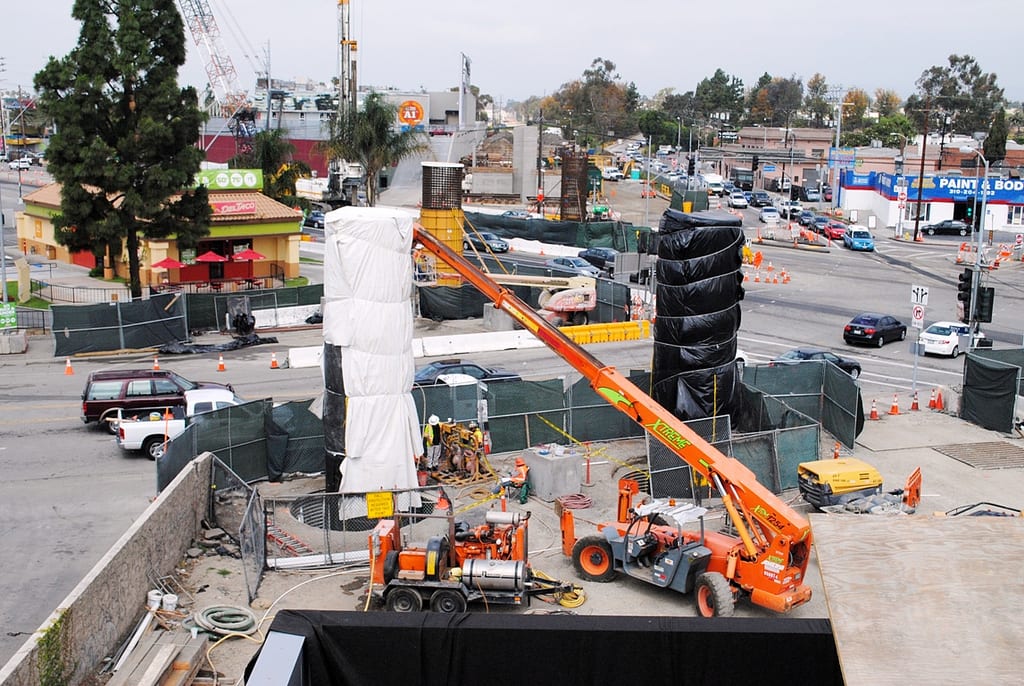 Work this past spring on the Expo Line's bridge over Venice Boulevard. Photo by Alan Weeks, via Metro Transportation Library's Flickr stream. 