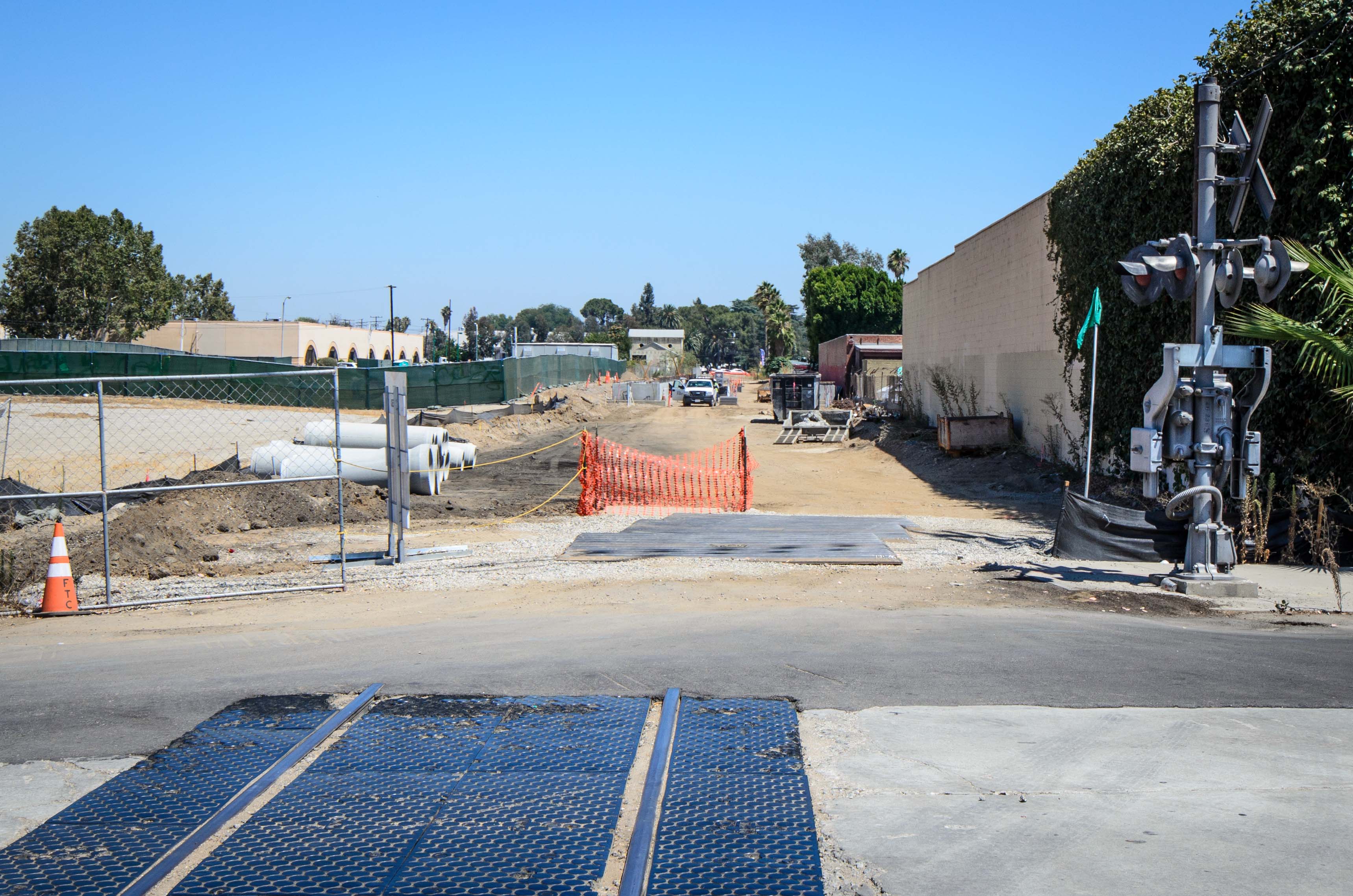 Looking east from Magnolia toward the future Monrovia station platform -- it's right behind the white pickup truck and the old Santa Fe Depot is behind that. Photo by Steve Hymon/Metro.